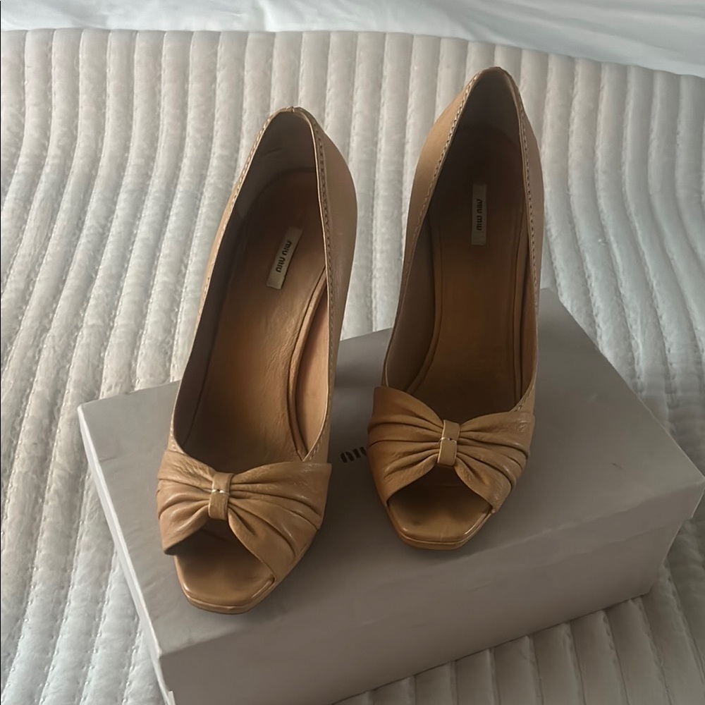 Miu Miu Tan Bow Peep-Toe Heels